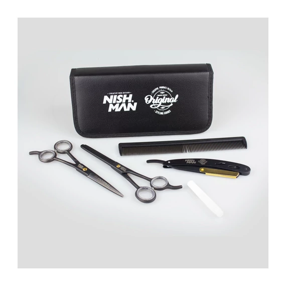 Nish Man Scissor Set + Shavette with Case ollószett